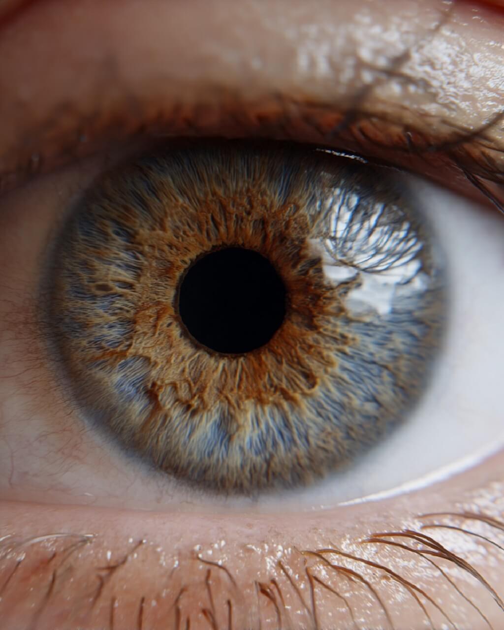 Macro close-up of a human eye showing detailed iris texture with mixed blue, green, and brown tones, natural eyelashes, and realistic skin around the eye