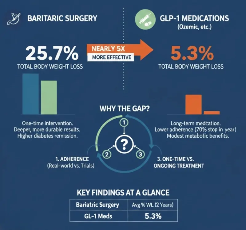Chart comparing bariatric surgery and Ozempic shows much higher real world weight loss after two years