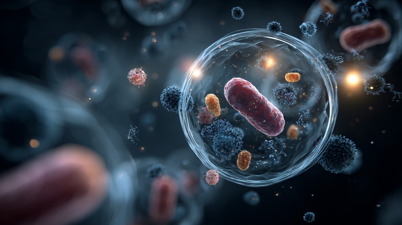 3D scientific illustration showing gut microbiome bacteria surrounded by cellular structures, highlighting microbial molecules and their role in future microbiome-based medical treatments