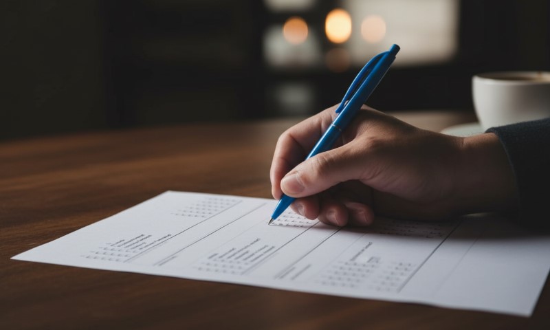 A person holding blue pen, solving IQ test on a white paper