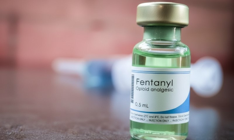 Close-up of a Fentanyl opioid analgesic vial with a gold cap