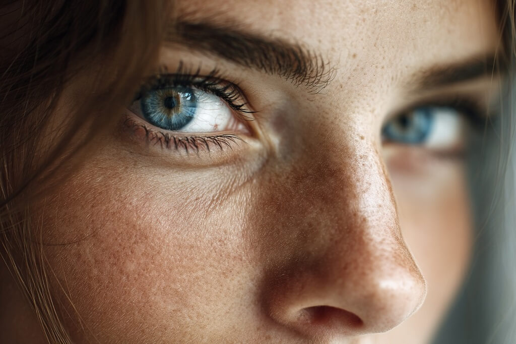 Close-up portrait of a person with striking blue eyes, natural skin texture, freckles, and soft daylight highlighting the details around the eye area