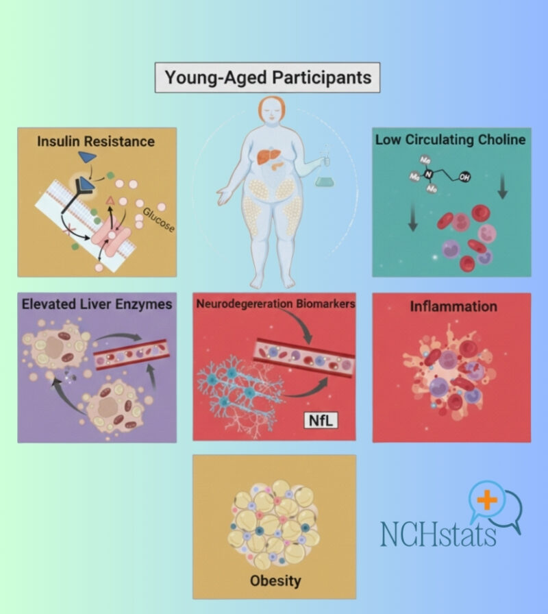A graphic shows how obesity, low choline, inflammation, and neuron damage markers appear together in young adults