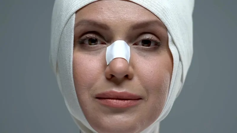 A woman wearing post-surgery facial bandages and a nasal splint after a cosmetic procedure