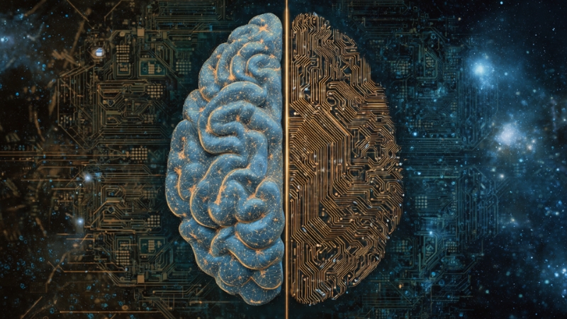 Human brain and circuit brain side by side highlight why brain adapts faster than AI