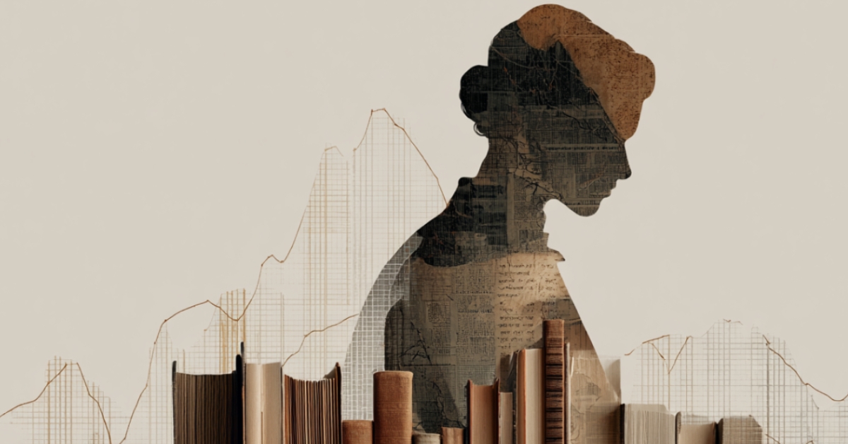 Abstract silhouette over books reflects how many US adults canโt read well enough for daily life