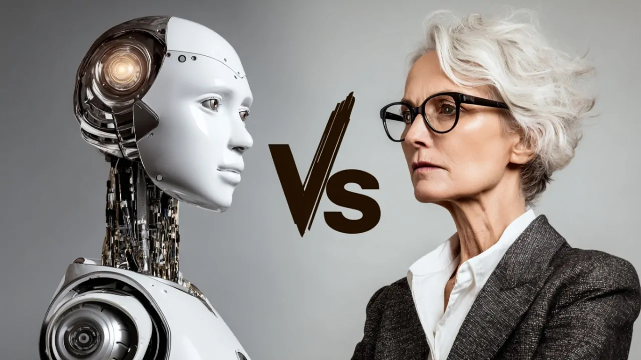 Humanoid robot faces an older businesswoman with “VS” between them, symbolizing AI versus Baby Boomer leadership