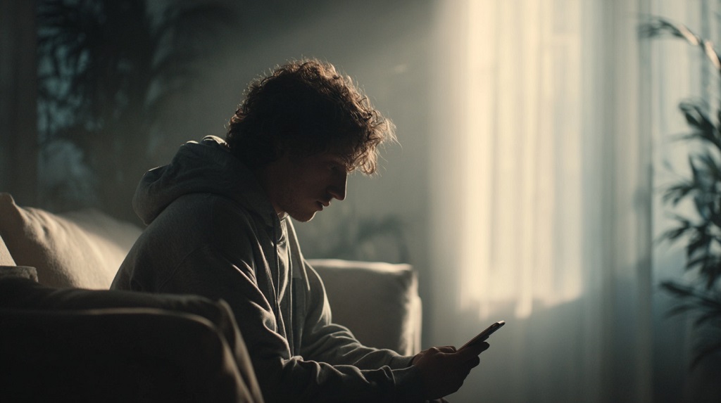 Adult with ADHD sitting alone, looking at a phone, overwhelmed by missed healthcare reminders and mental exhaustion