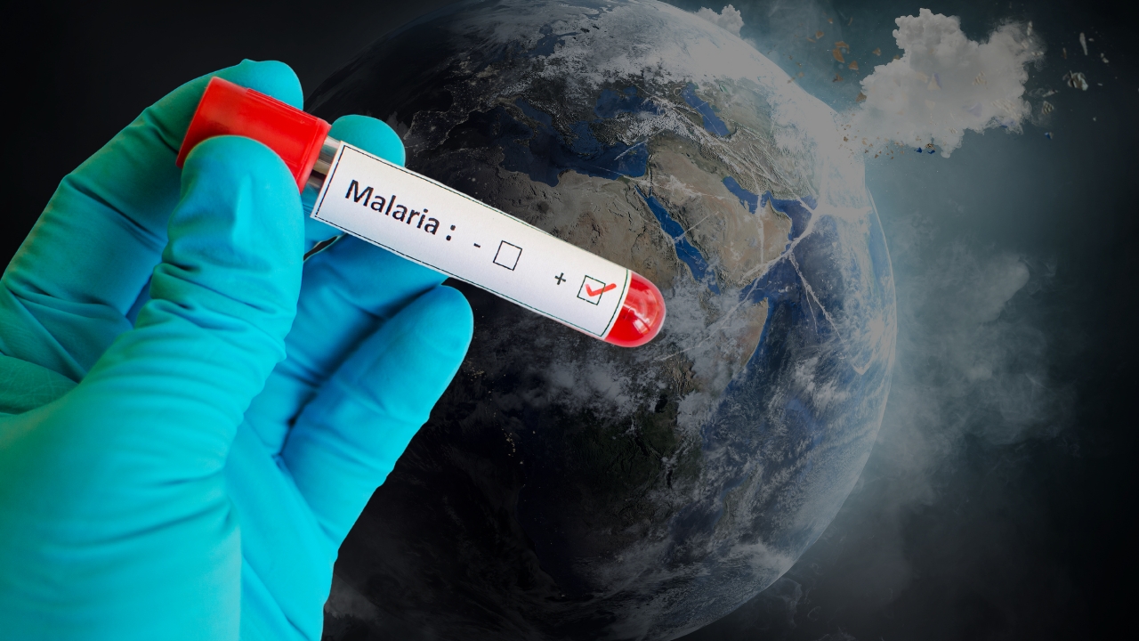 Gloved hand holds a blood sample labeled malaria in front of Earth, illustrating climate change impact on disease spread