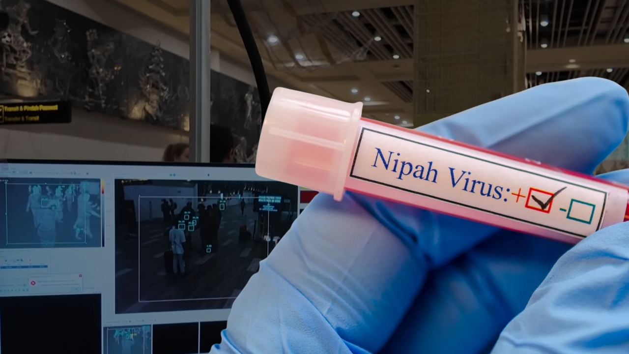 Gloved hand holding a test tube labeled “Nipah Virus” in front of airport security monitoring screens