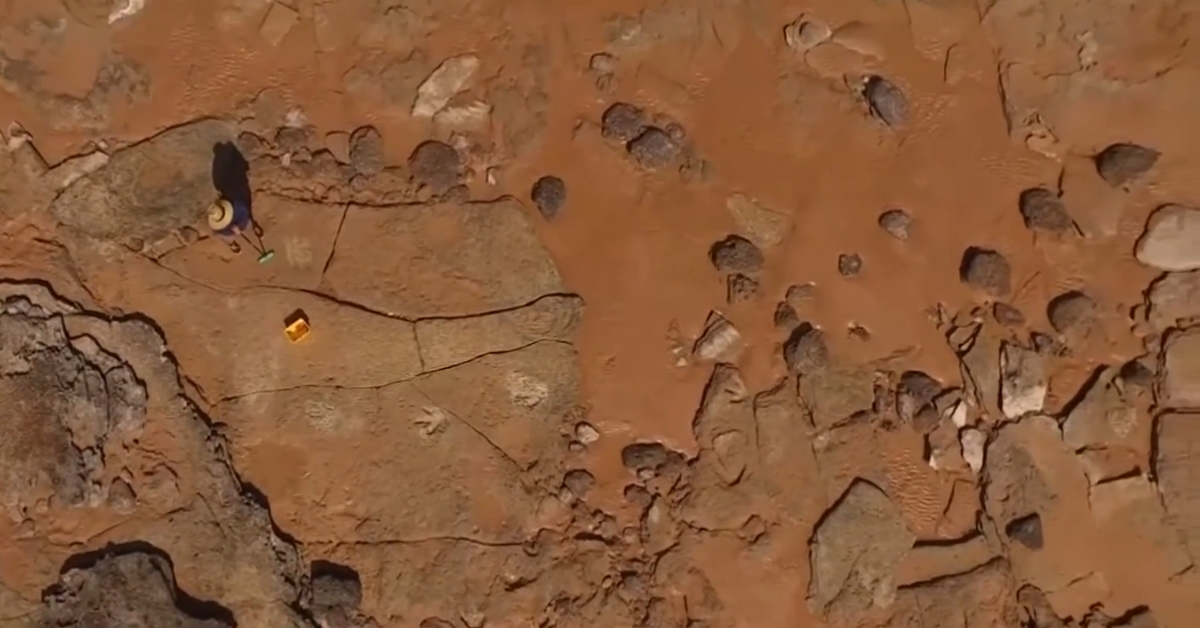 Aerial view of fossilized rock surfaces at Australia’s dinosaur coast with visible ancient track impressions
