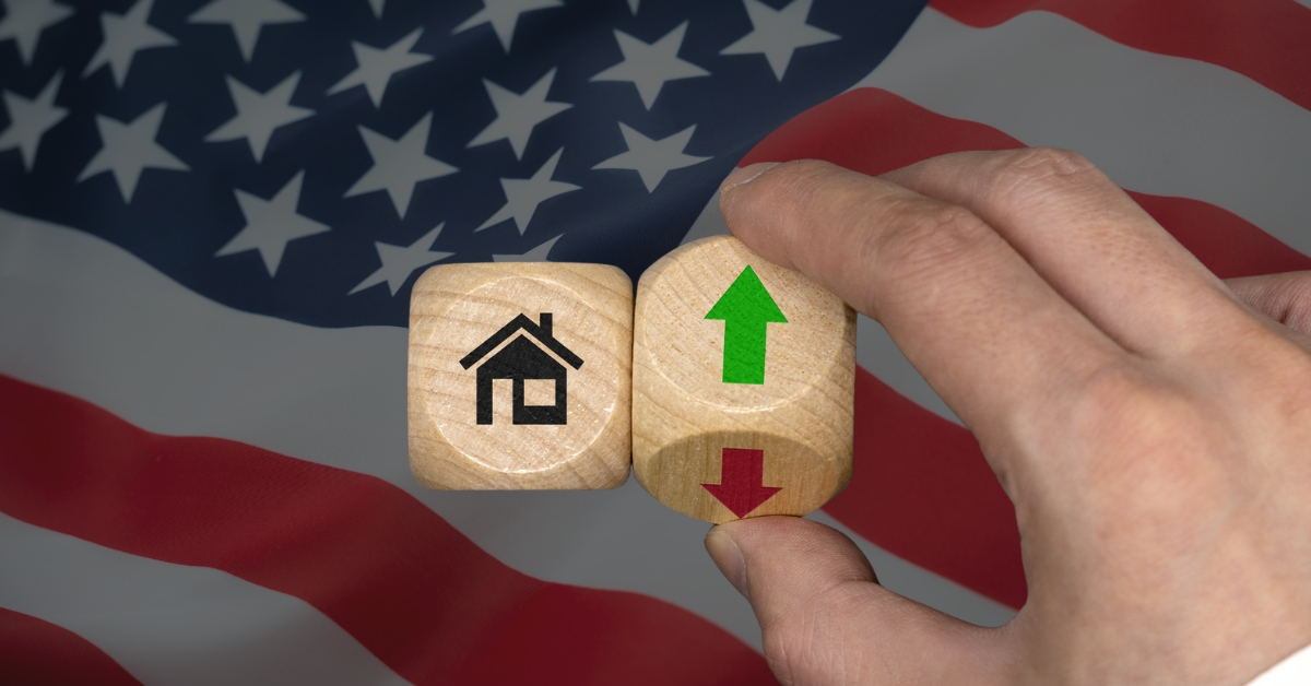 Hand adjusts housing blocks with arrows over a U.S. flag, symbolizing falling rents and uneven renter pressure
