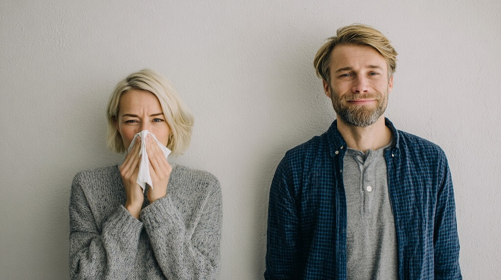 Two adults standing close together indoors, one holding a tissue and showing flu symptoms while the other appears healthy, illustrating that close contact does not always lead to flu infection