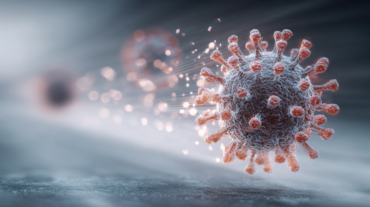 Influenza virus particles suspended in air, visualizing conditions studied in Flu Patients in a Room With Healthy People research