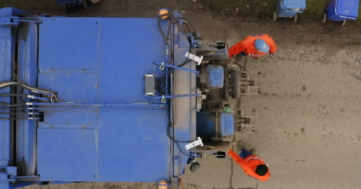 Overhead view of sanitation workers riding on the back of a truck during garbage collection on a city street