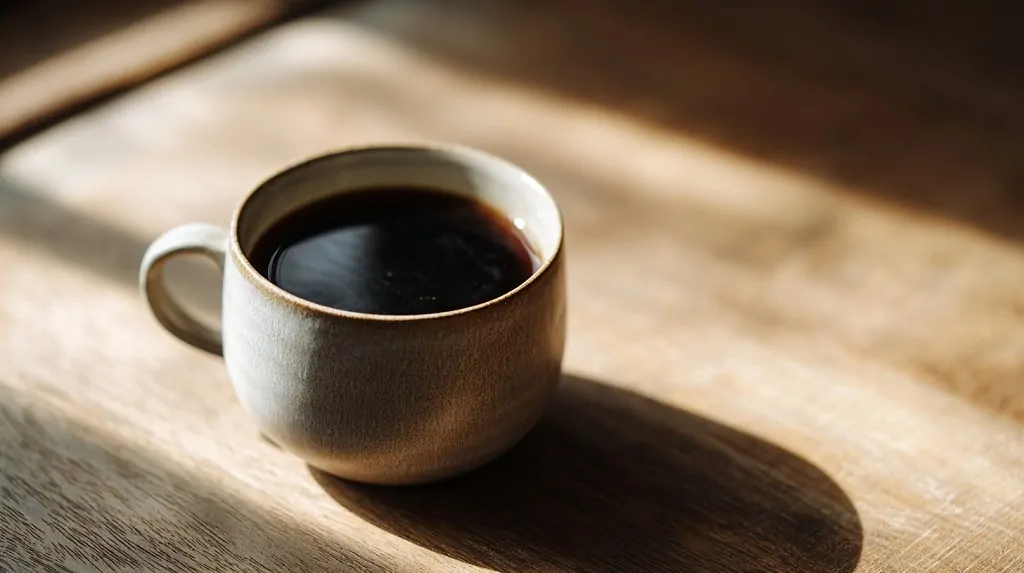 Cup of black coffee placed on a wooden surface with soft natural light
