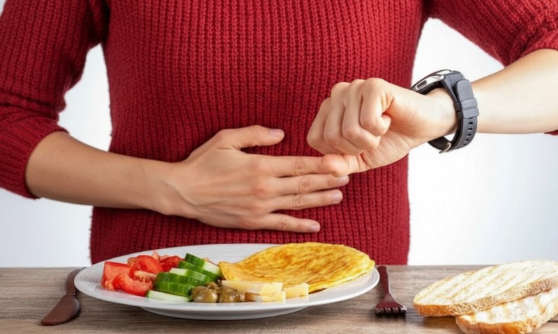 A person in a red sweater touches their stomach and checks a watch