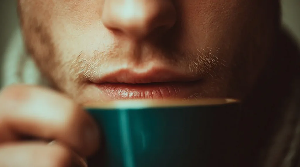 Close-up of a person drinking coffee from a ceramic cup in a calm indoor setting