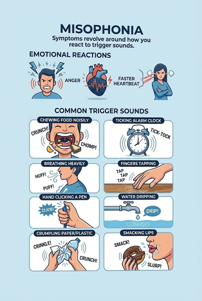 Infographic on misophonia showing emotional reactions like anger and fast heartbeat