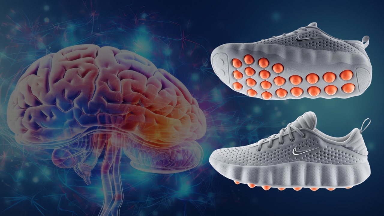 Nike shoe with textured sole shown beside a glowing brain graphic to suggest a link between footwear and brain activity