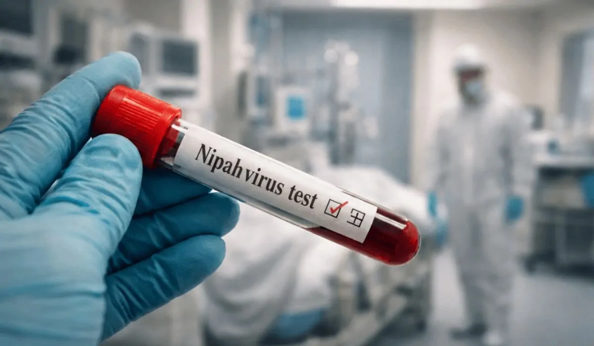 Gloved hand holding a blood test tube labeled Nipah virus test inside a hospital isolation ward, with medical staff in protective suits blurred in the background.