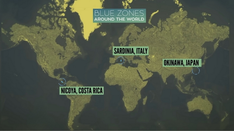 World map highlight shows Sardinia, Okinawa, Ikaria, and Nicoya as distinct blue zones with different longevity patterns
