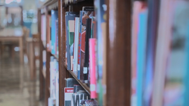 Books line a public library shelf that supports leadership, learning, and community access