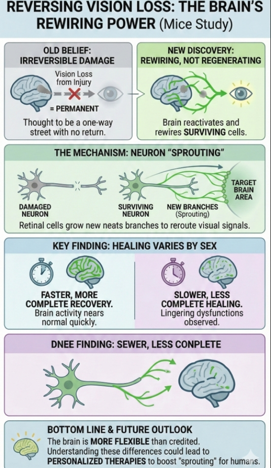 Infographic shows how brain rewiring restores vision loss in mice through neuron sprouting and recovery differences by sex