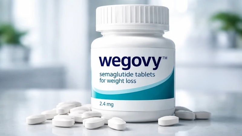 Wegovy semaglutide weight loss tablets bottle with pills on a table