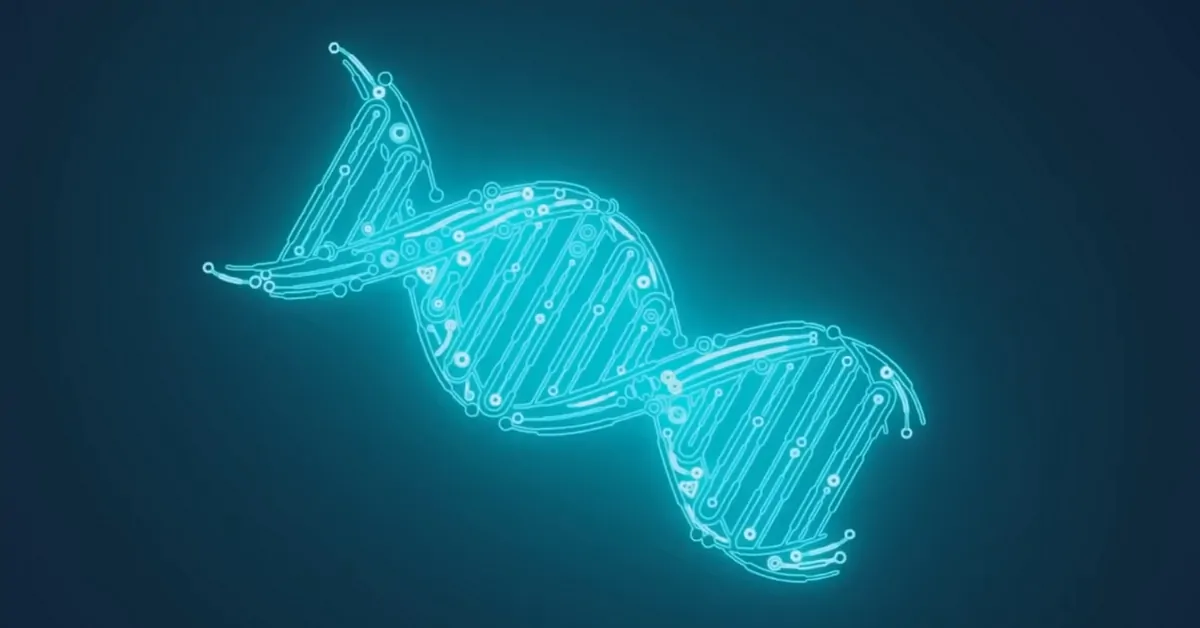 Illustration of an ancient gene shown as a glowing DNA strand linked to heightened pain sensitivity