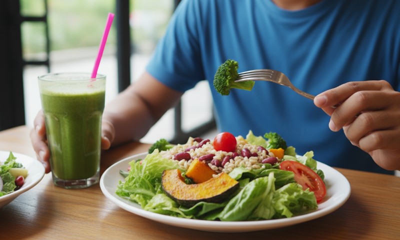 A person in a blue shirt enjoys a fresh salad with lettuce, tomatoes, beans, and broccoli