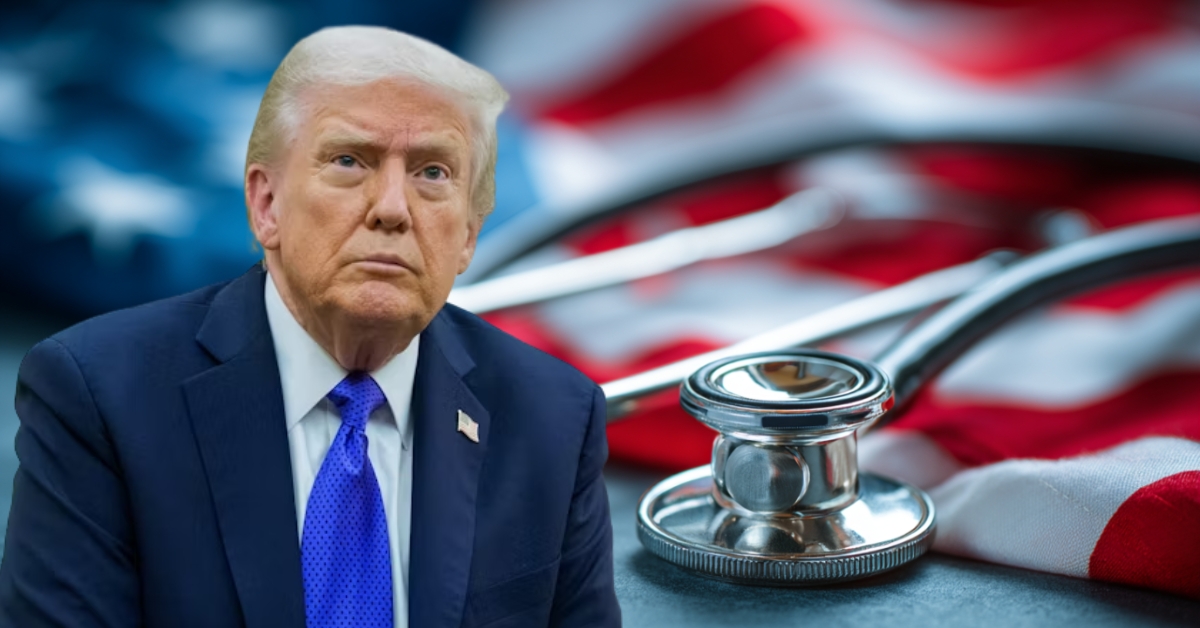 Donald Trump stands before a U.S. flag and medical stethoscope image as he promotes a new health care plan