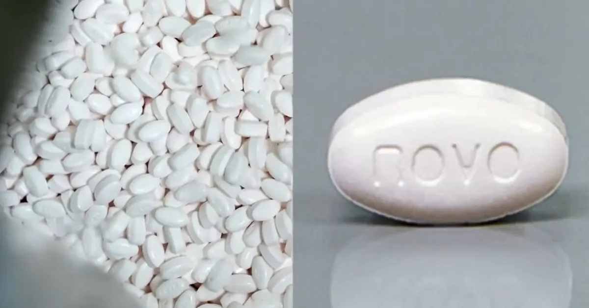 Close-up image of white tablets and a single pill labeled Novo, represent Wegovyโs new pill for weight loss