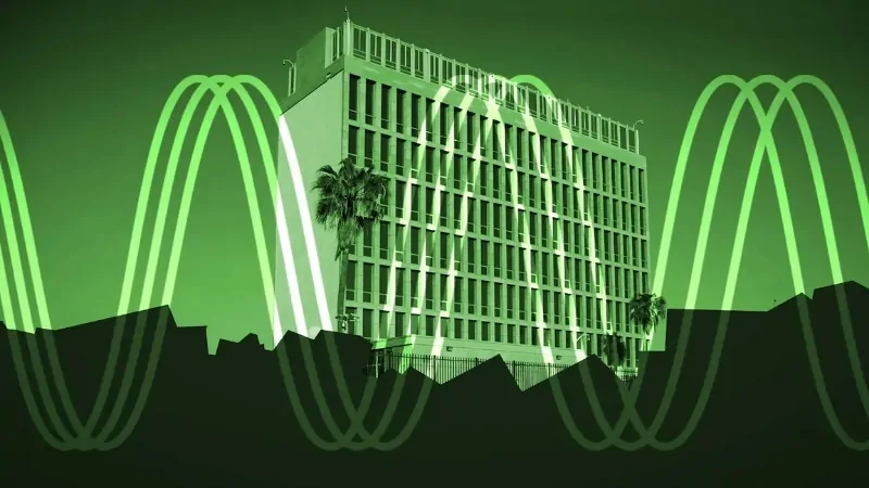 Illustration shows a government building with wave patterns symbolizing anomalous health incidents linked to Havana Syndrome
