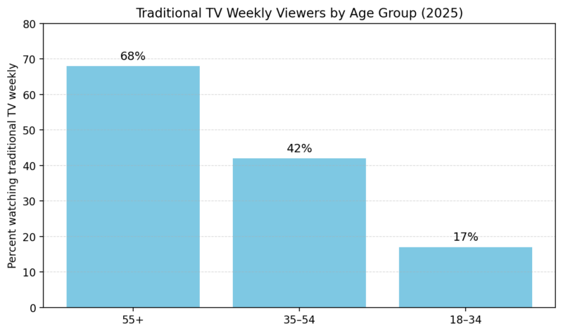 Bar chart shows traditional TV weekly viewership in 2025 drops sharply by age