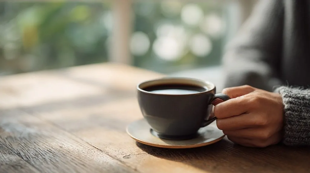 Person holding a cup of black coffee on a wooden table in natural daylight