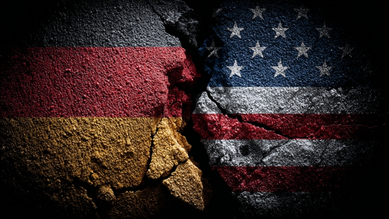 Germany and U.S. flags painted on cracked faces facing each other, symbolizing economic comparison in GDP per capita