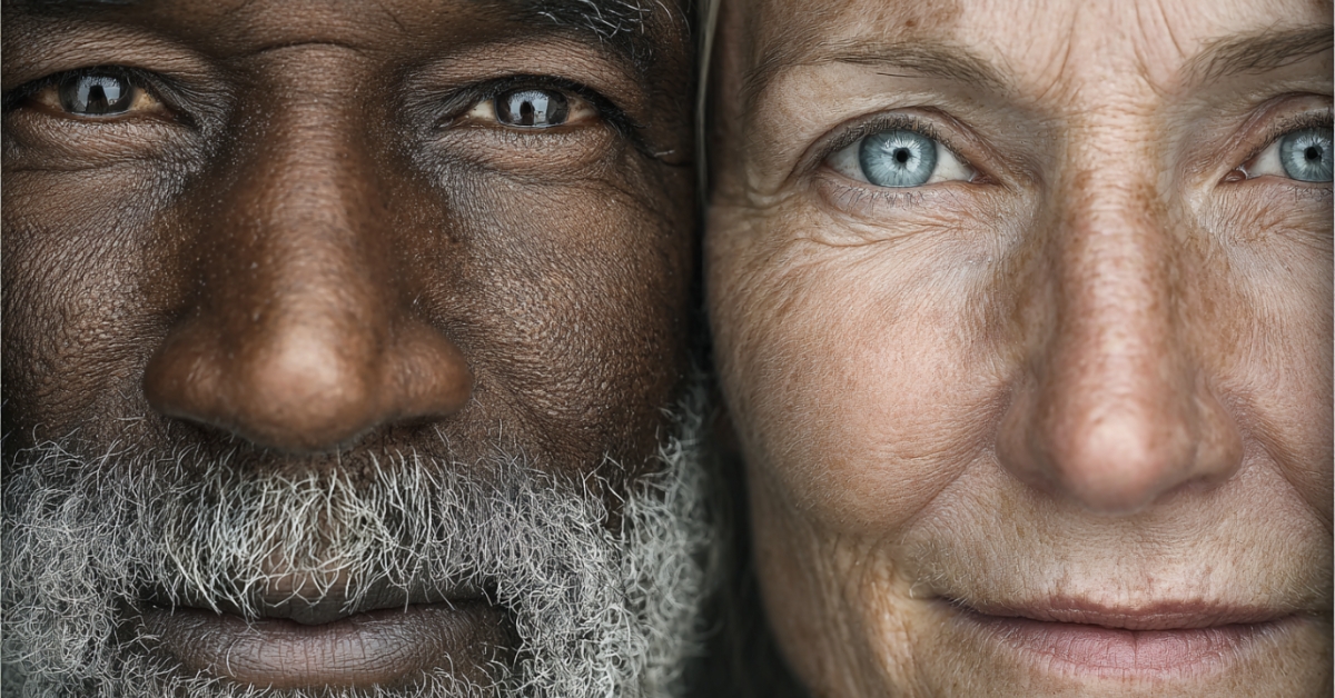 Close-up of an older man and woman side by side, showing why women live longer that men in the United States