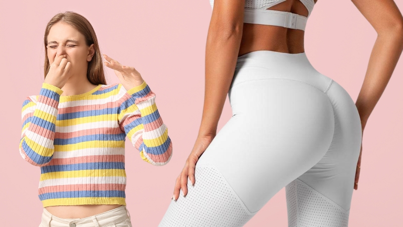 Woman covering her nose next to a close view of buttocks in tight leggings, illustrating BBL smell causes