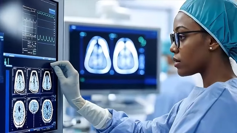 Doctor reviewing brain scan images on a monitor while assessing diagnostic accuracy between AI and doctors