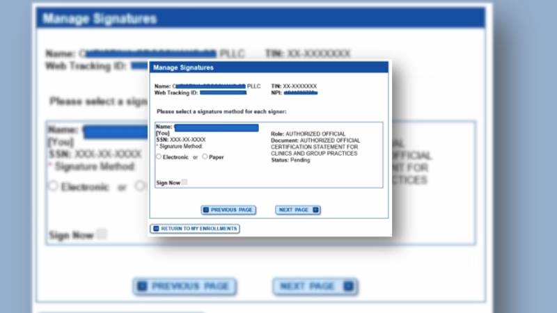 PECOS screen showing electronic signature options for Medicare enrollment application
