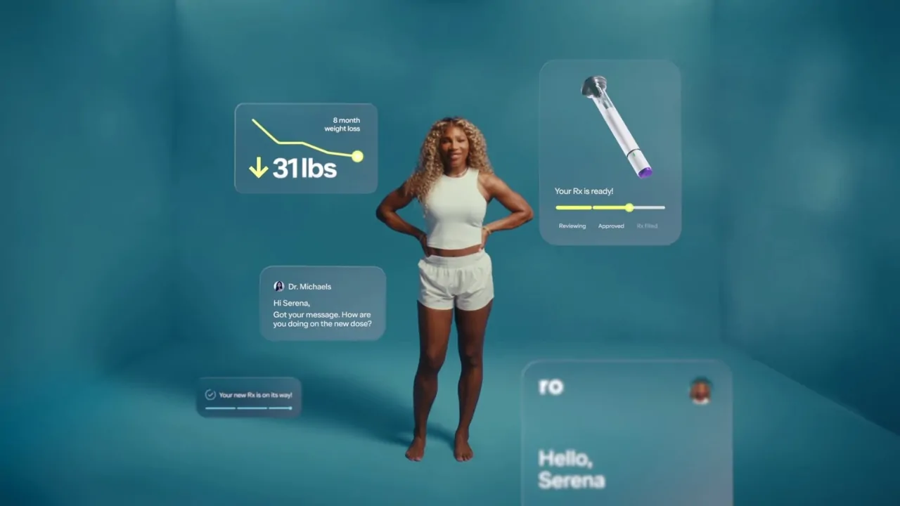 Serena Williams stands in a studio setting with graphics about GLP-1 weight loss results and a prescription app displayed around her
