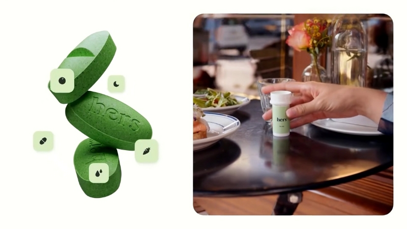 Green Hims weight loss pills displayed next to a small bottle labeled hers on a table