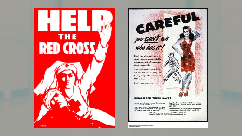 Vintage public health posters promoting Red Cross aid and warning about disease transmission