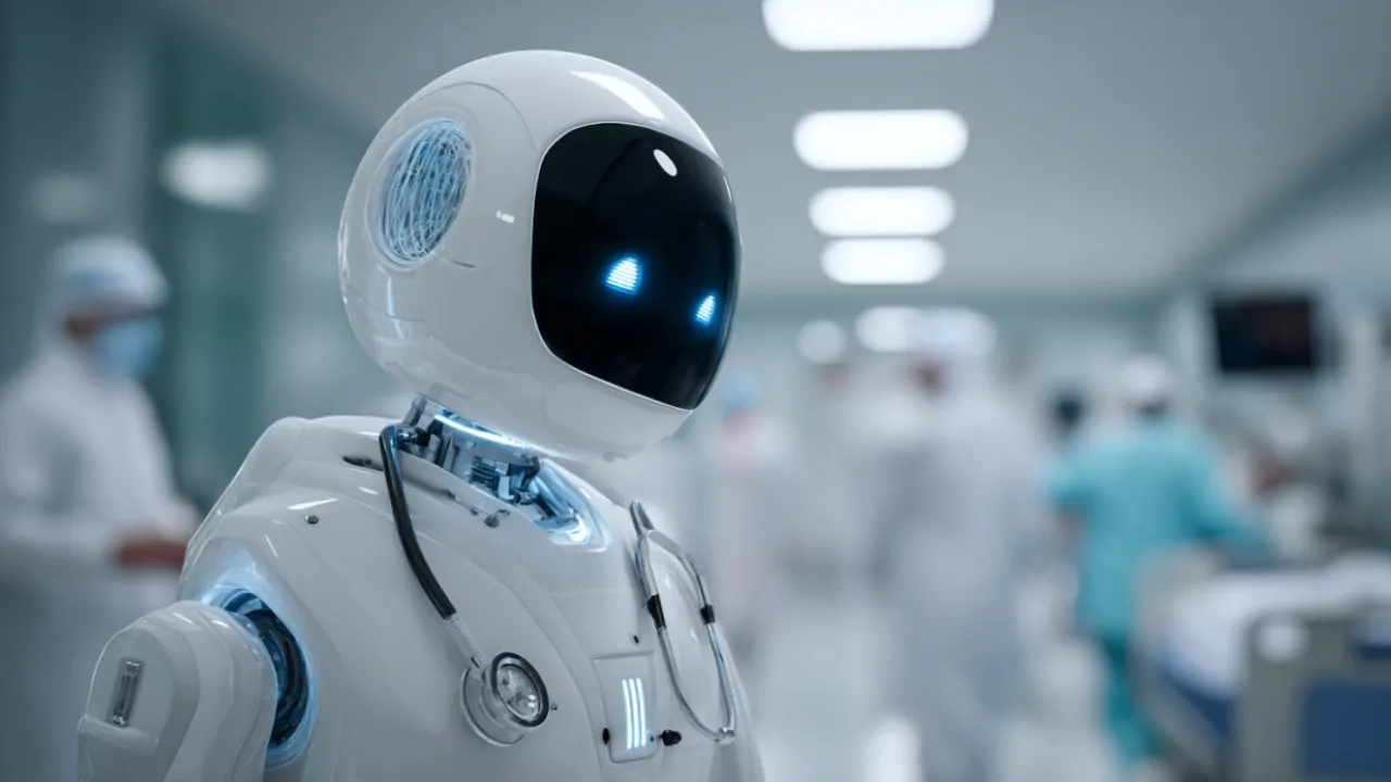 Futuristic hospital robot representing AI replacing doctors in hospitals standing in a clinical ward