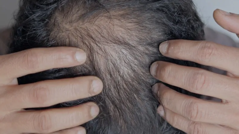Close-up of thinning scalp hair as hands part the hair to show hair loss