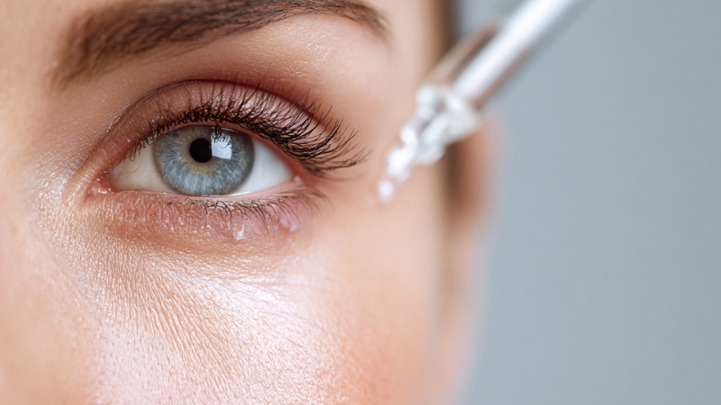 Close-up of an eye with a dropper applying hyaluronic acid serum near the skin