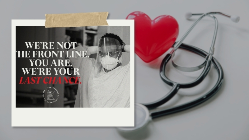 Modern public health campaign poster urging COVID-19 prevention with a masked healthcare worker