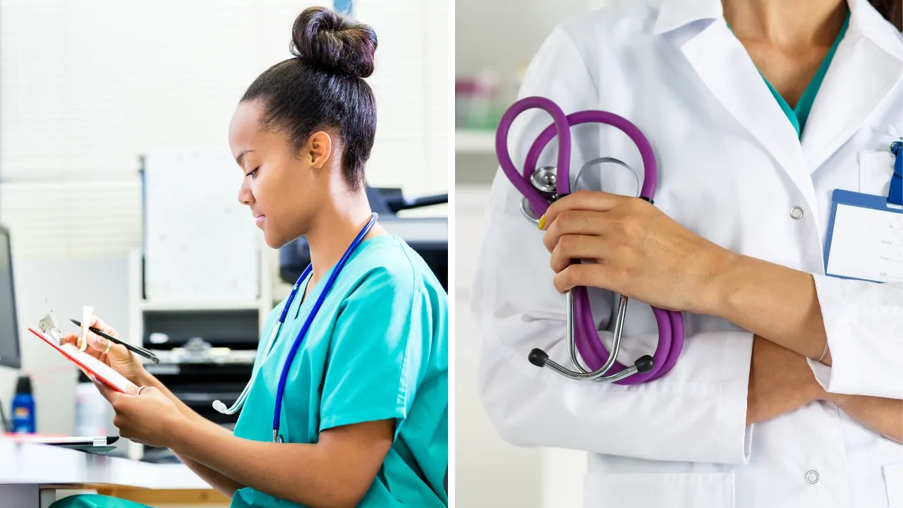 Side-by-side view of a nurse reviewing patient notes and a doctor holding a stethoscope, illustrating nurse vs physician career paths