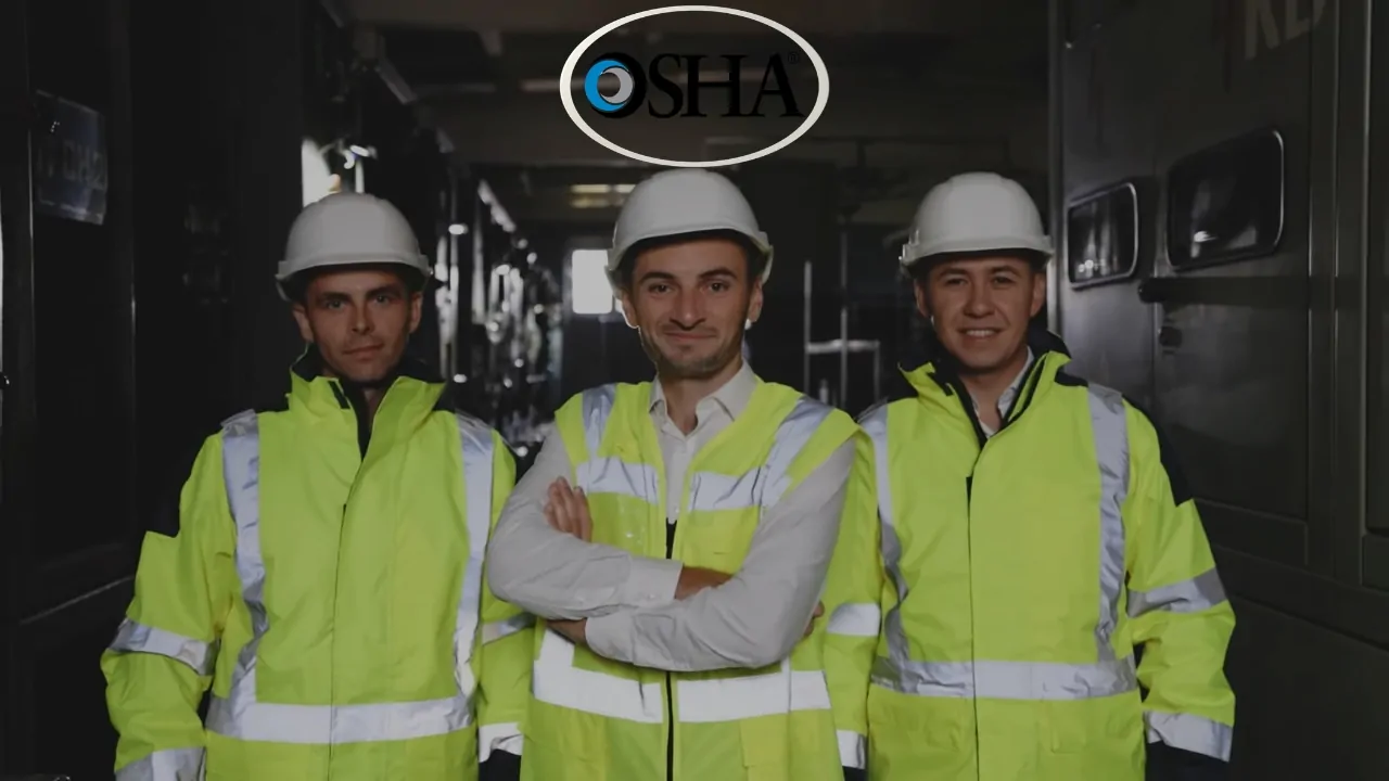 Three workers wearing hard hats and high-visibility vests stand in an industrial setting under an OSHA logo